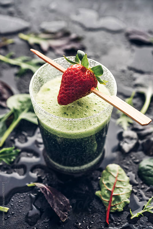 Food: Green Smoothie with strawberry, wild herbs salad, apple juice and banana