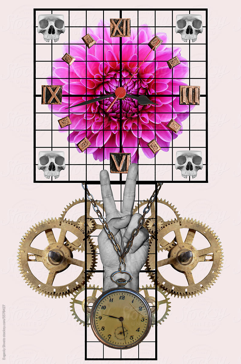 Collage with hand showing victory , clock, gears, flower and skulls