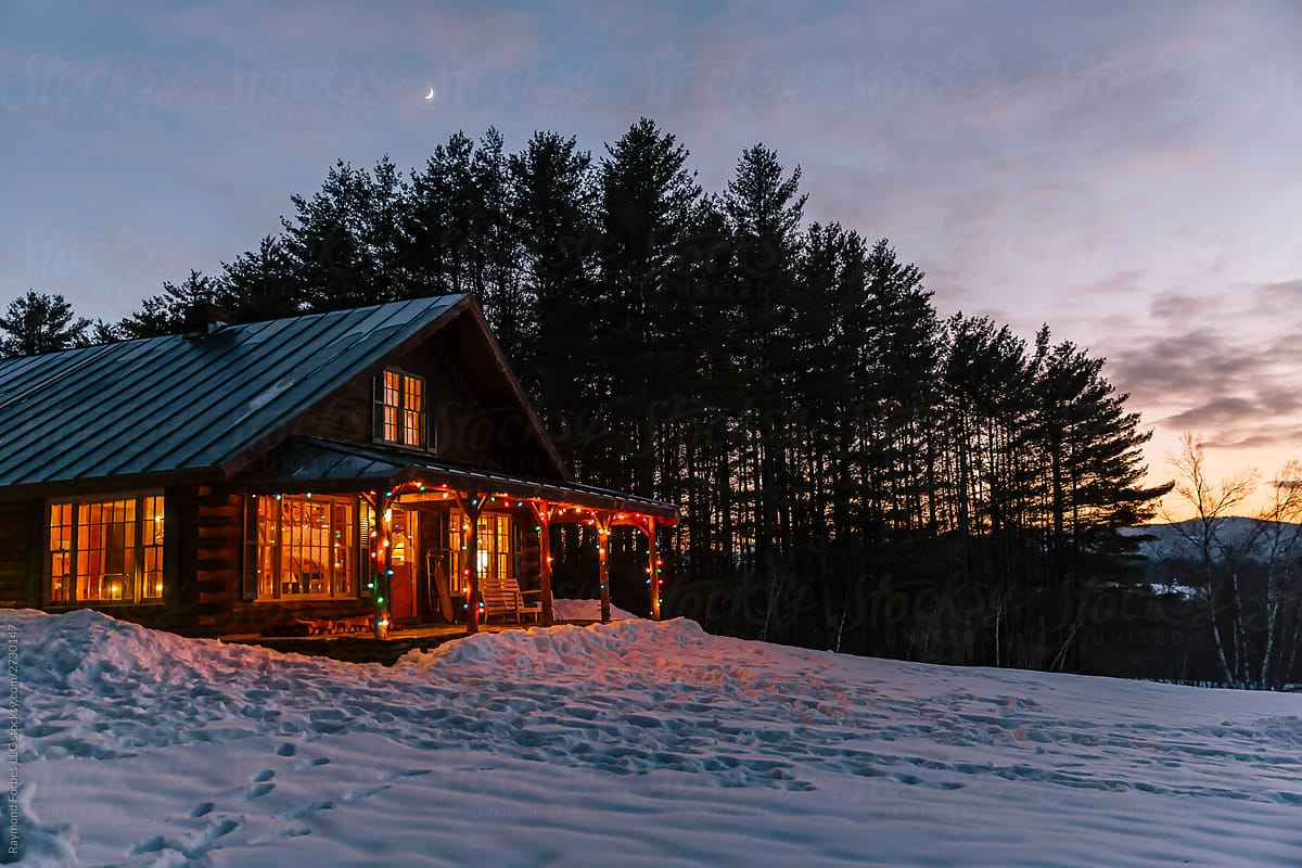 Log Cabin in New England  with Winter Christmas moonlight