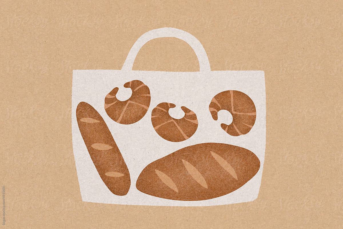 Bread and croissants in a shopping bag illustration