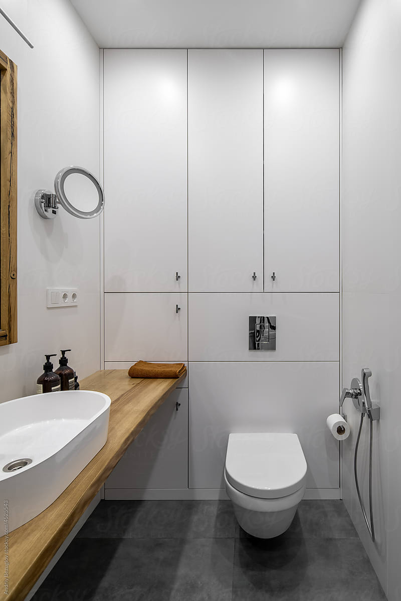 Restroom in modern style with light walls