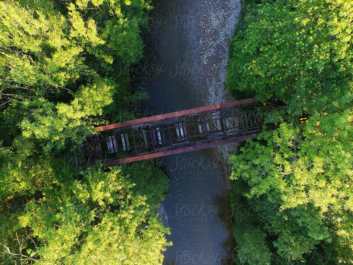 Aerial view bridge over the river in forest