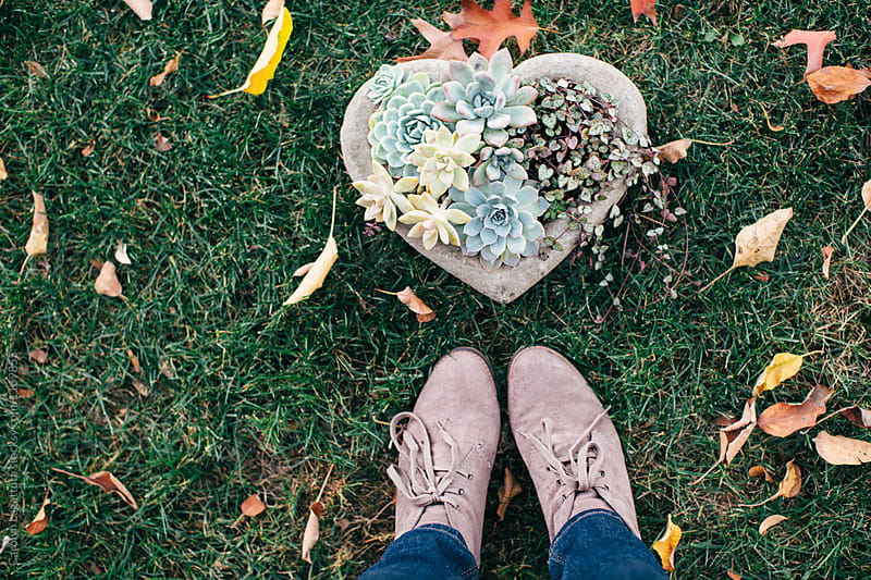 Fall boots and a heart shaped succulent arrangement