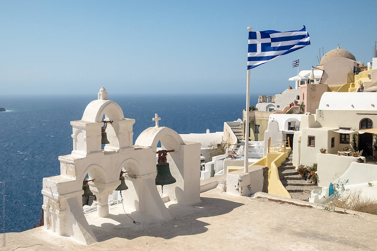 Church Bell and Greek Flag in Oia, Santorini, Greek Island