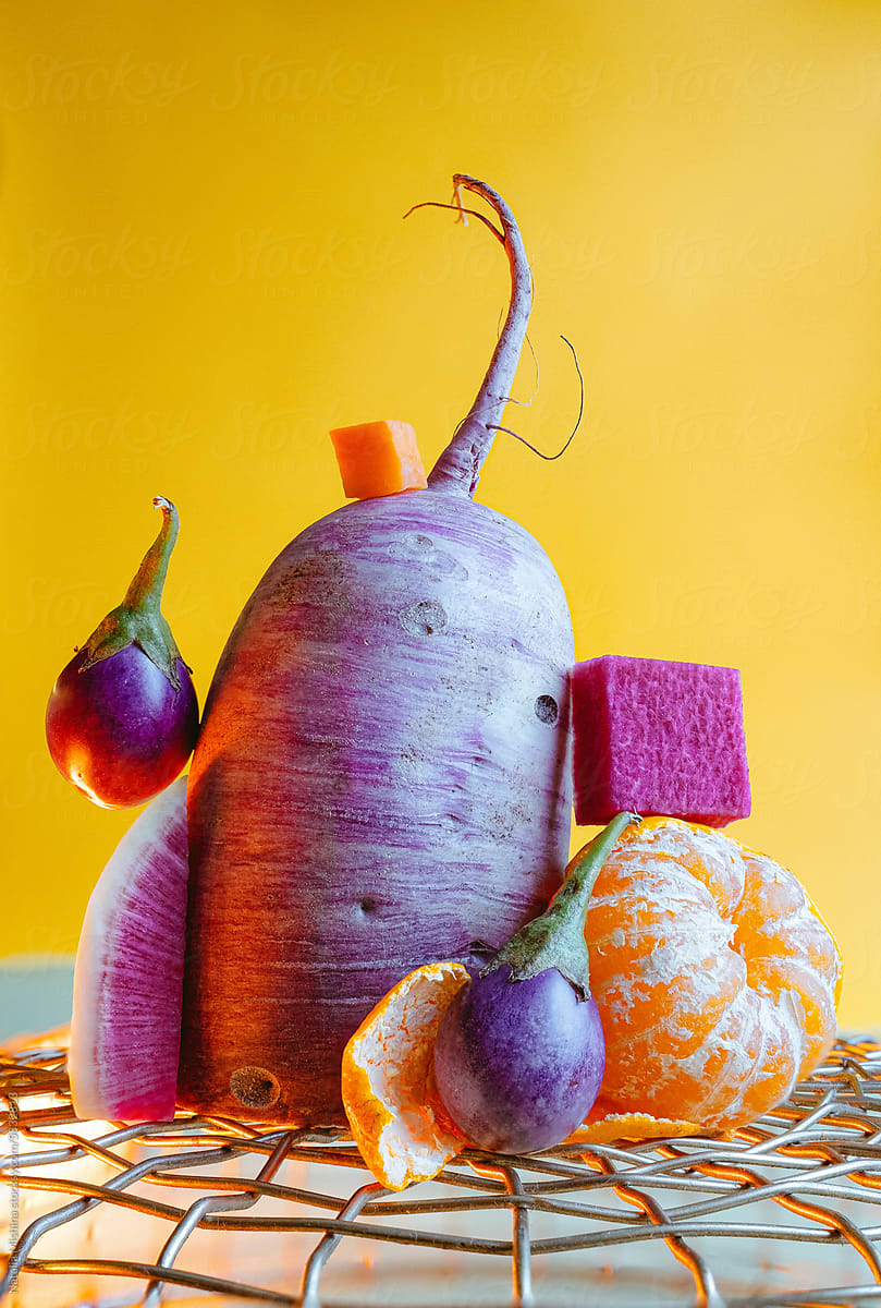 Still life with mini eggplant and Japanese purple radish.