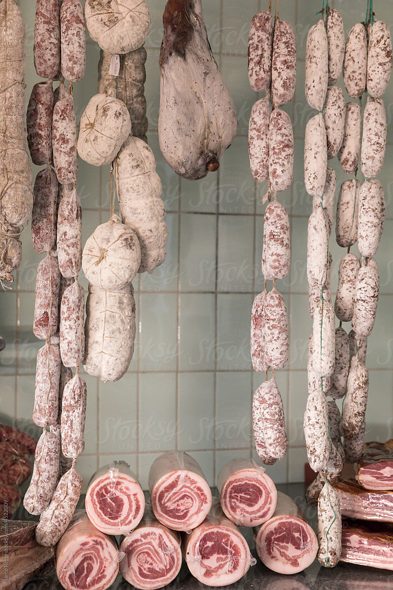 hanging meat sausages.