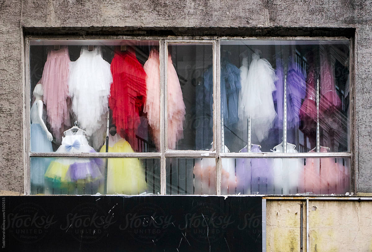 Dance costumes in a window.