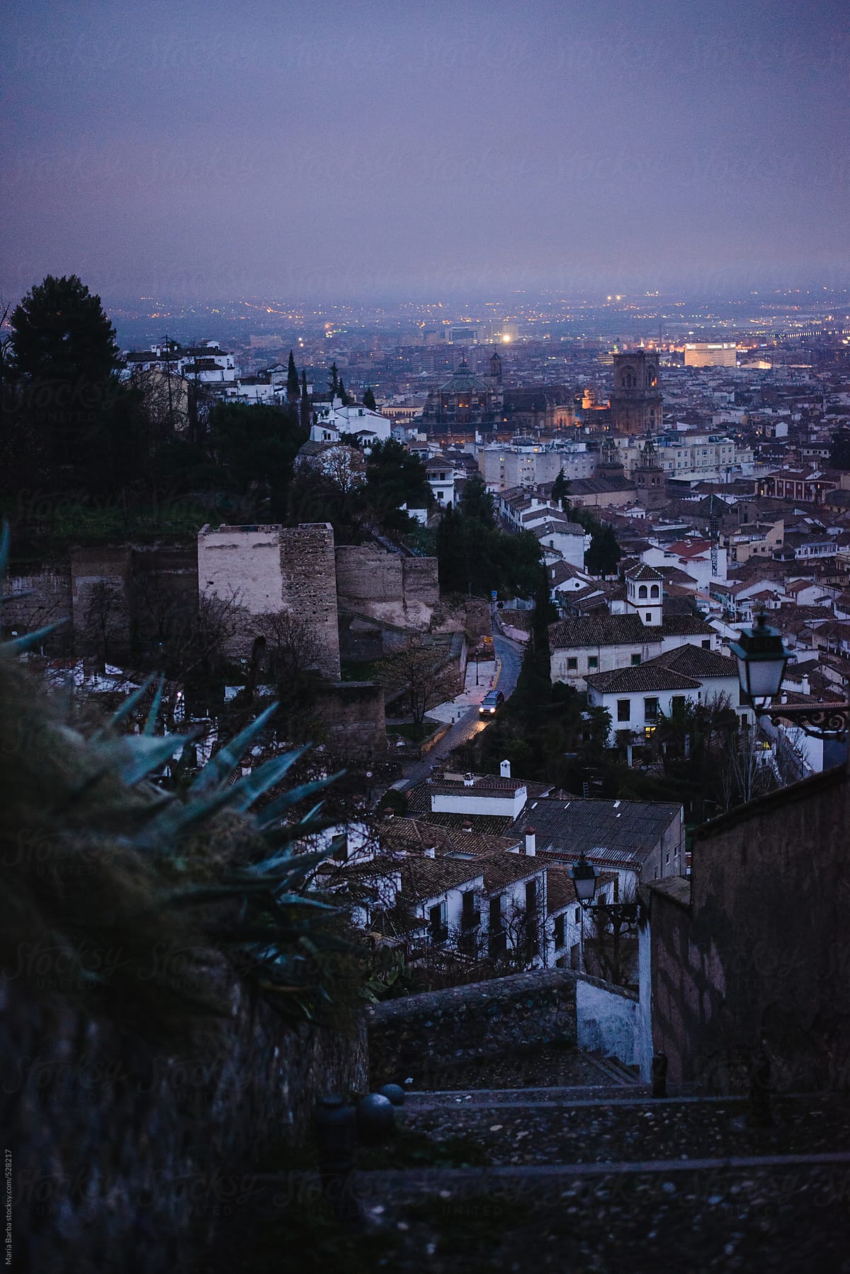 Cityscape from Albayzin's neighbourhood in Granada at twilight