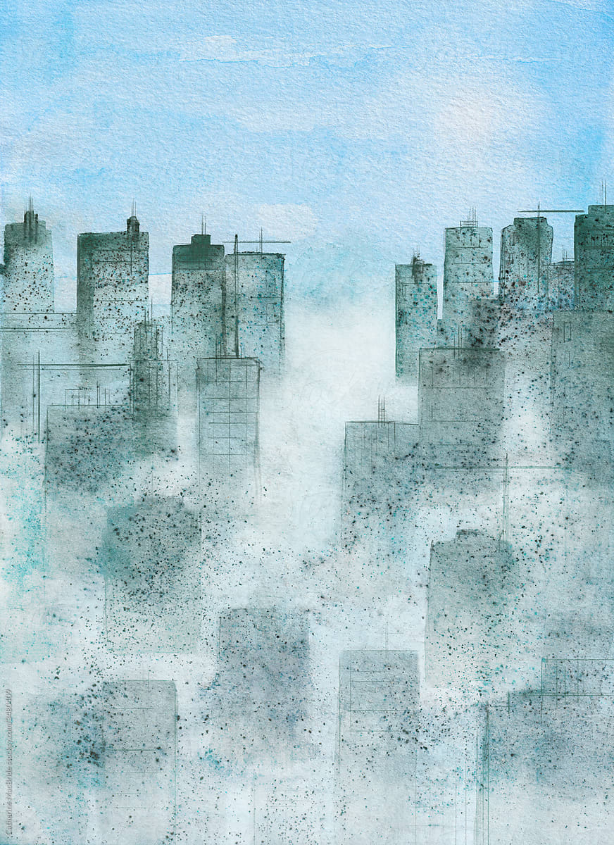 City In Smog, a watercolour Painting