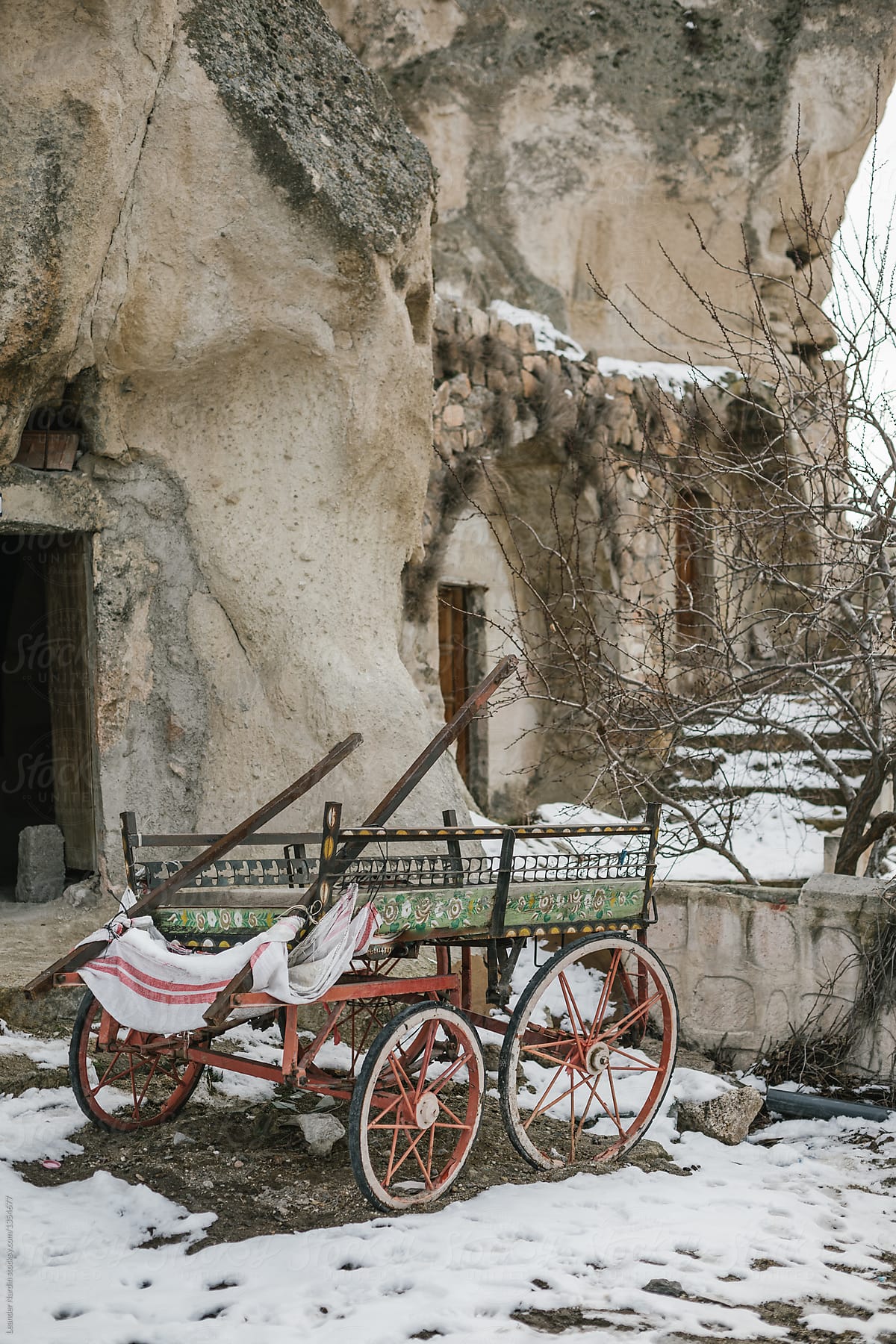 colorful little anatolian cart in snowcovered cappadocia, turkey