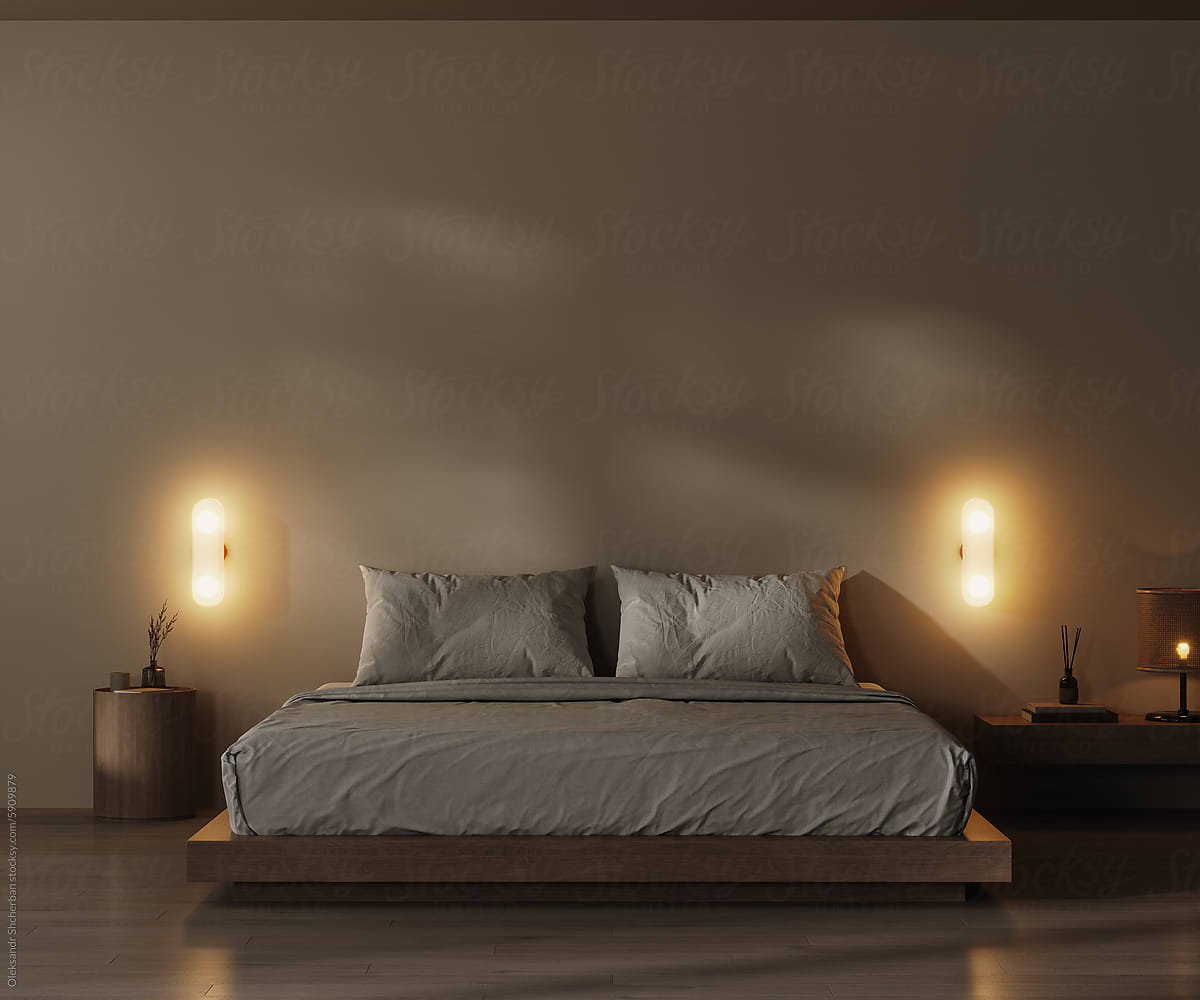 Bedroom interior concept at night with the lights on, 3d render