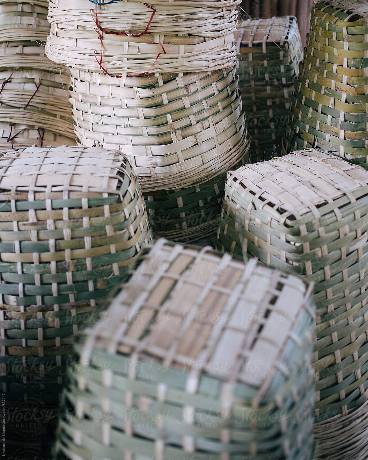 Stacks of empty baskets in a farm ready for the fruit harvest
