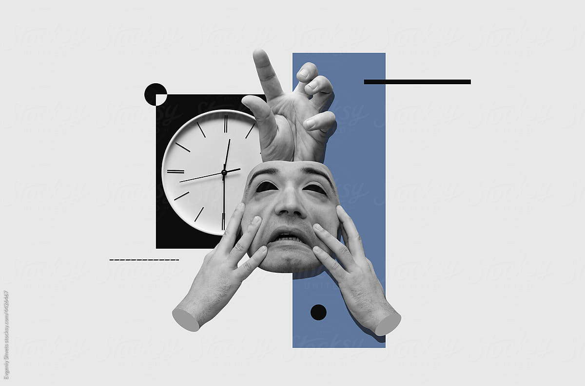 Collage  with male face, hands and clock