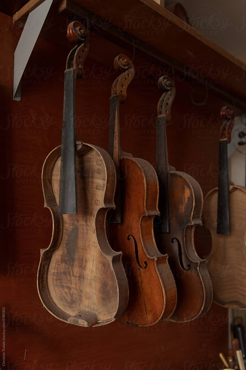 Instruments ready for repairs in a luthiers shop