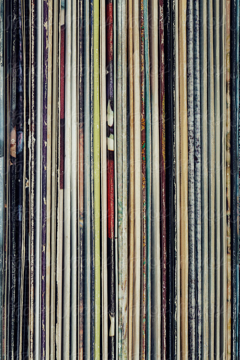 Spines of vinyl record albums covers