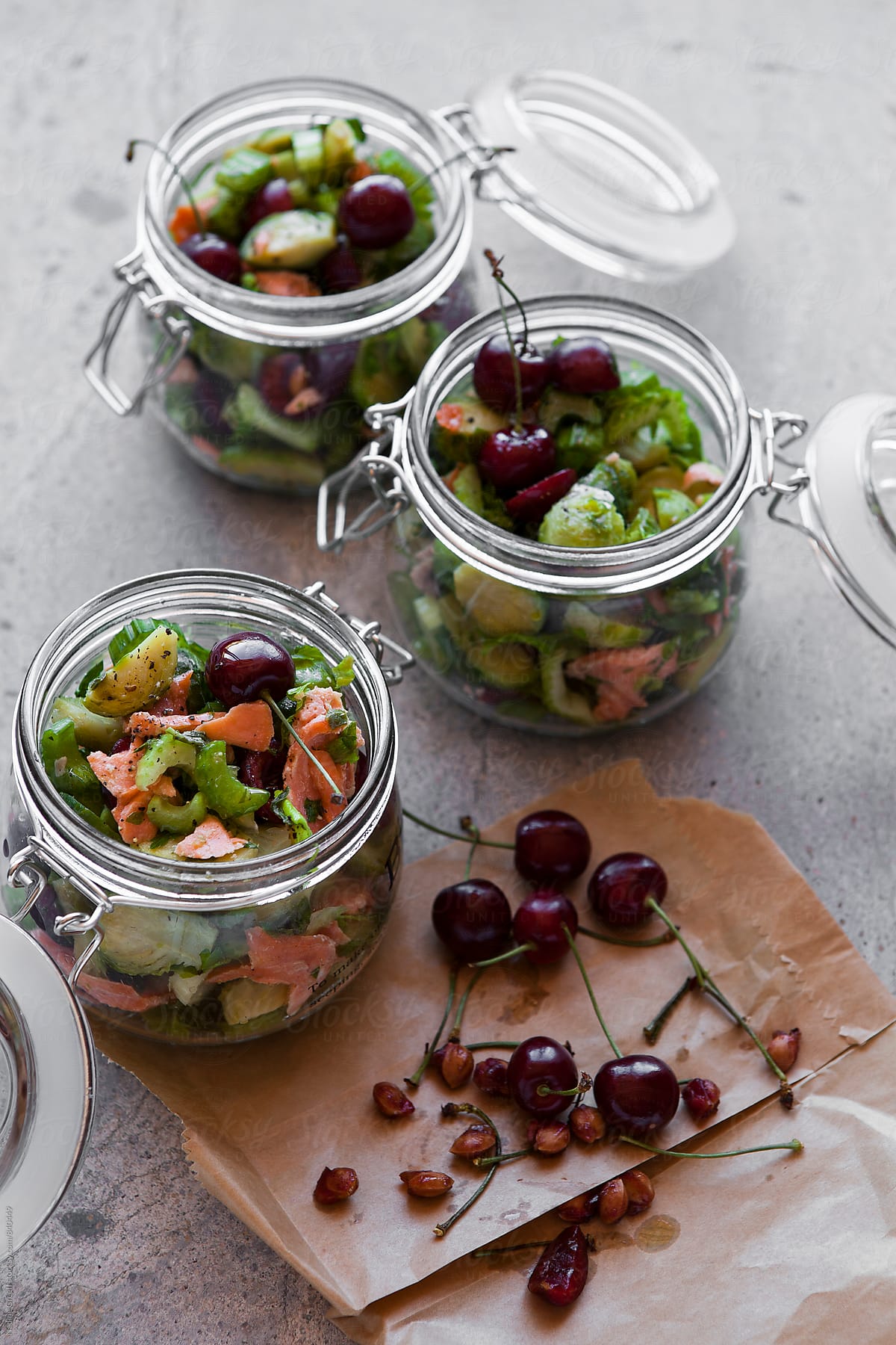 Brussel sprout, cherry and smoked salmon salad