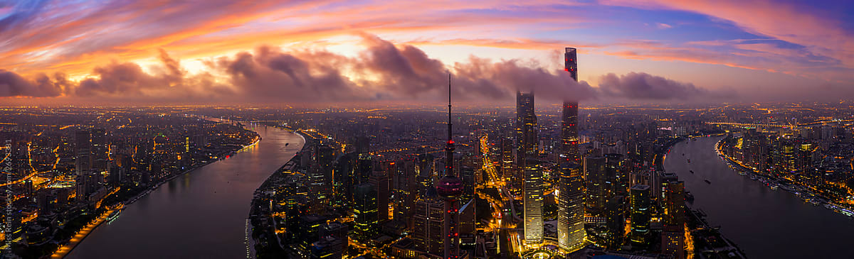 Sunrise aerial photography of Shanghai\'s landmark building skyline,China