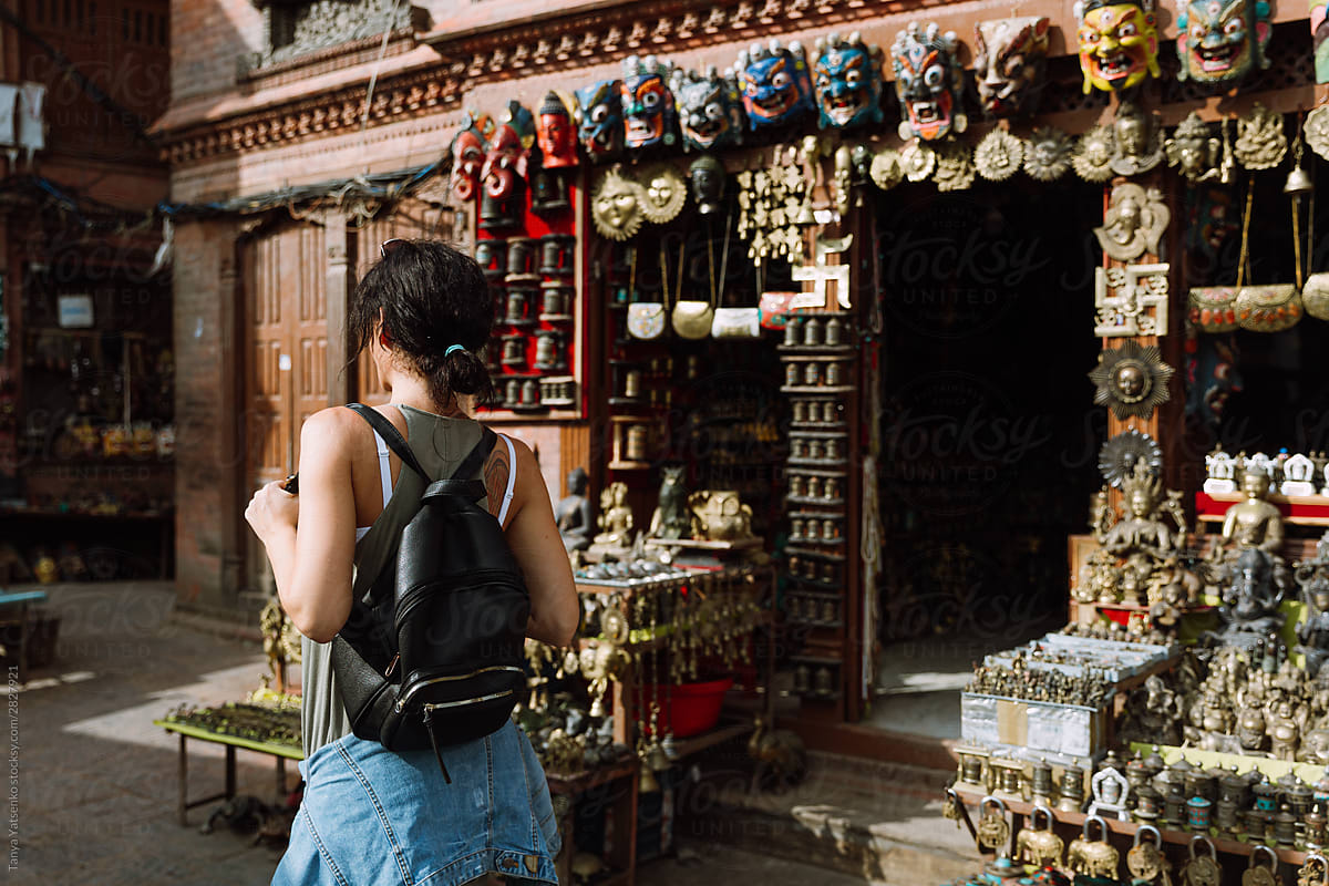 Woman near a gift shop in Swayambhunath Pagoda In Nepal
