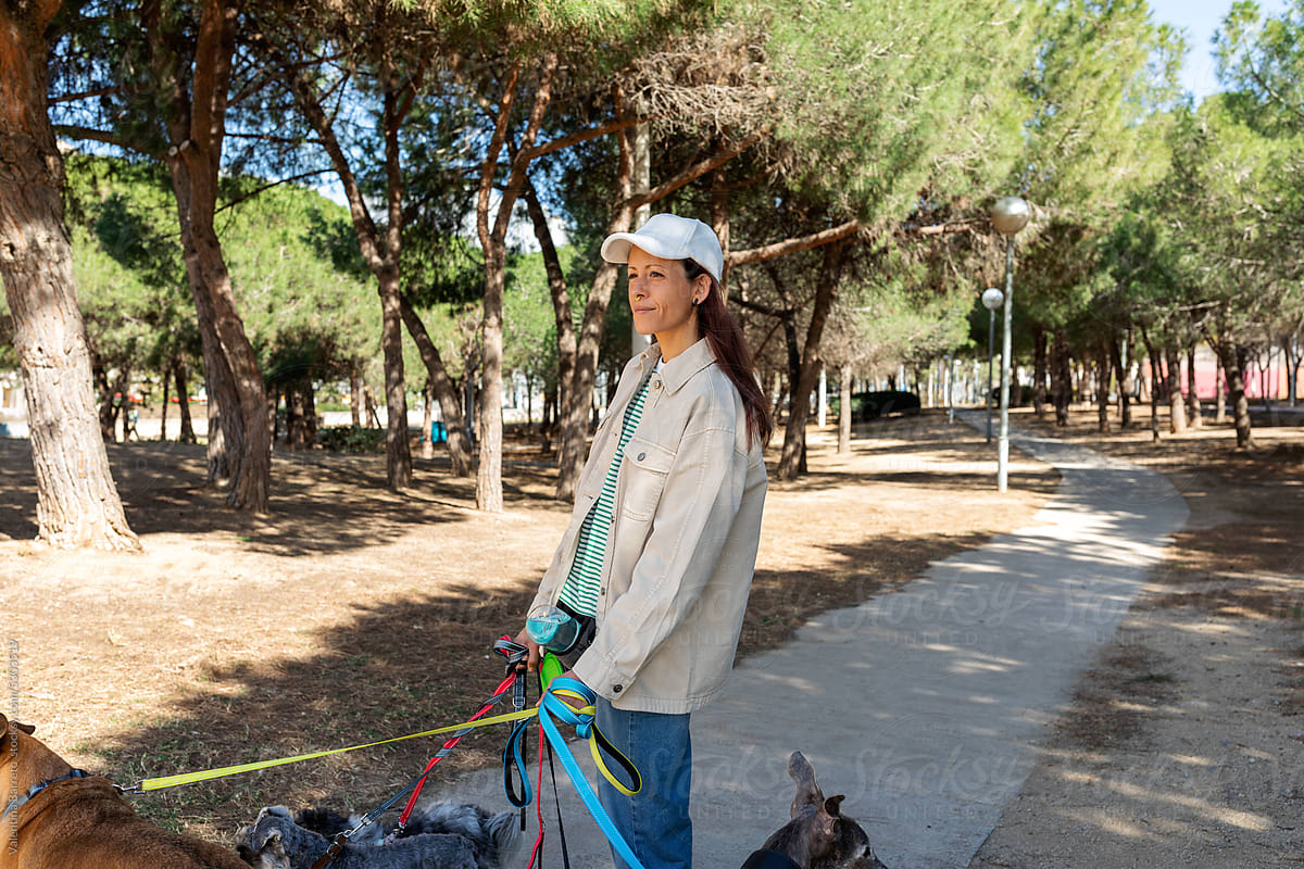 Caretaker walking dogs along the park