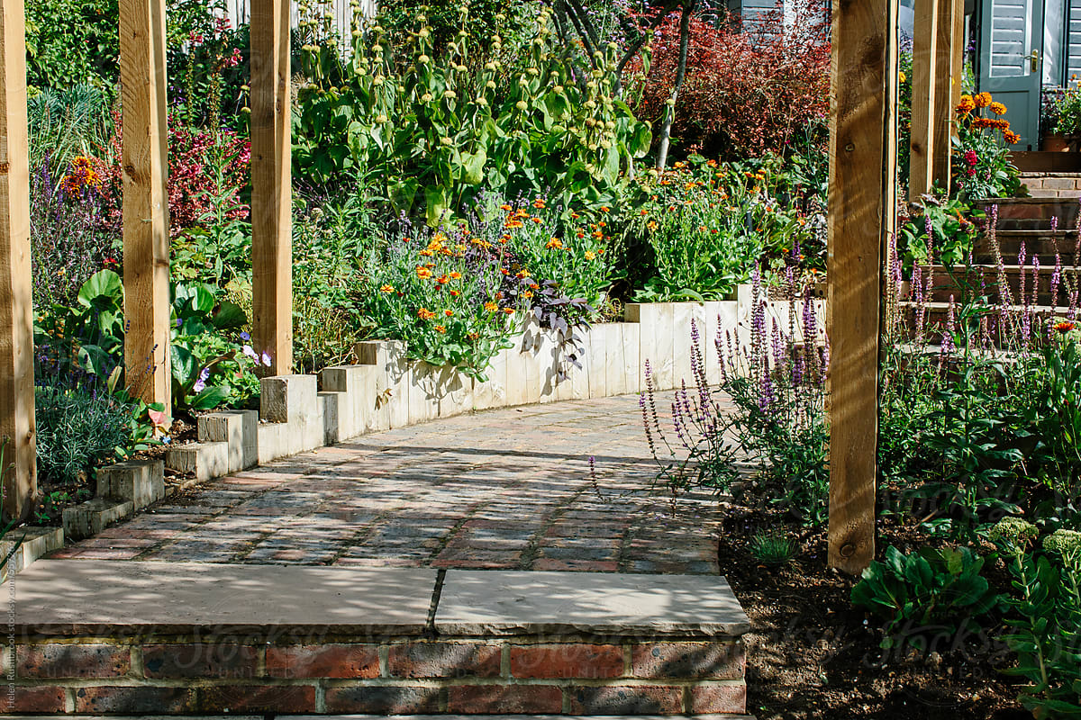 Paved path through a garden planted with herbaceous perennials.