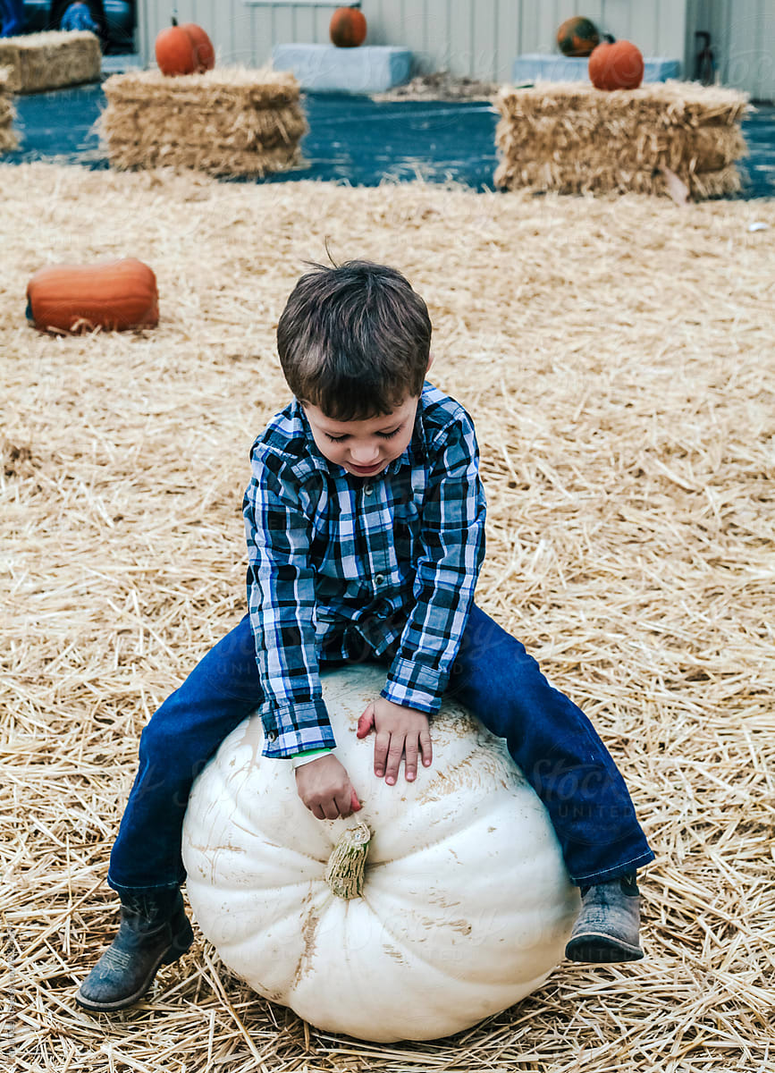 young boy rides a large white pumpkin