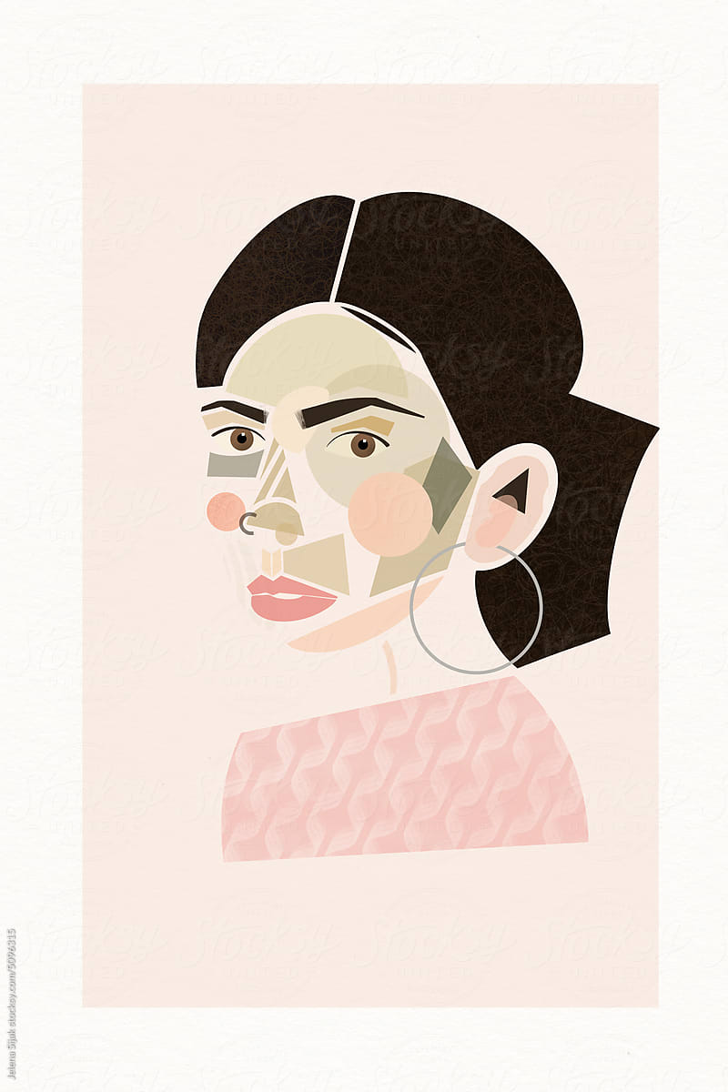 Illustration of a geometrical portrait of a young woman with a n