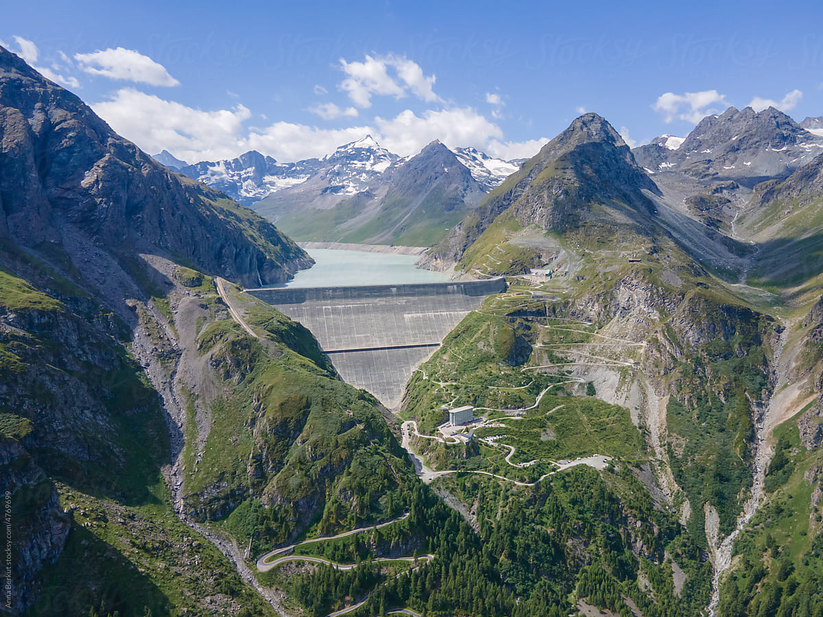 water dam aerial view, Hydroelectricity, renewable energy, Alps
