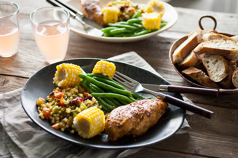 Oven Grilled Chicken Breast, Couscous, Corn cob and Green Bean Salad