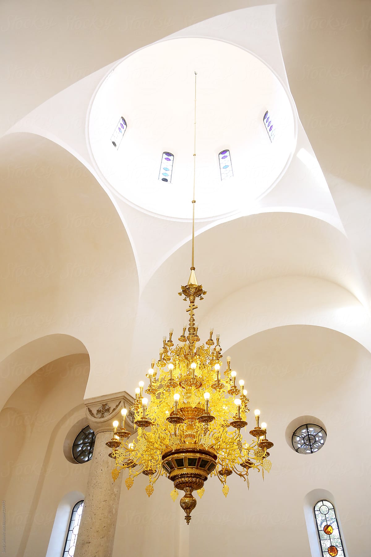 church ceiling with chandelier