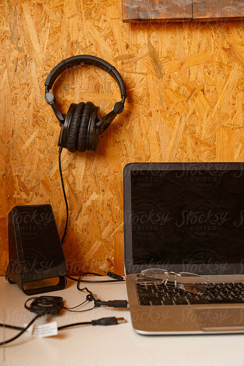 Desk of audiophile with gadgets