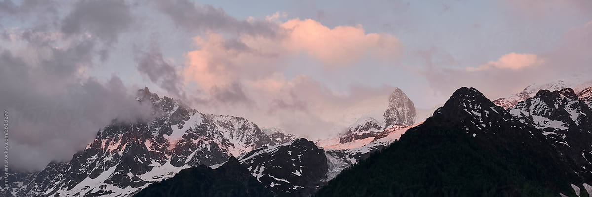 Dramatic clouds at sunset over Aiguille du Midi and Mont Blanc. Chamonix, France.