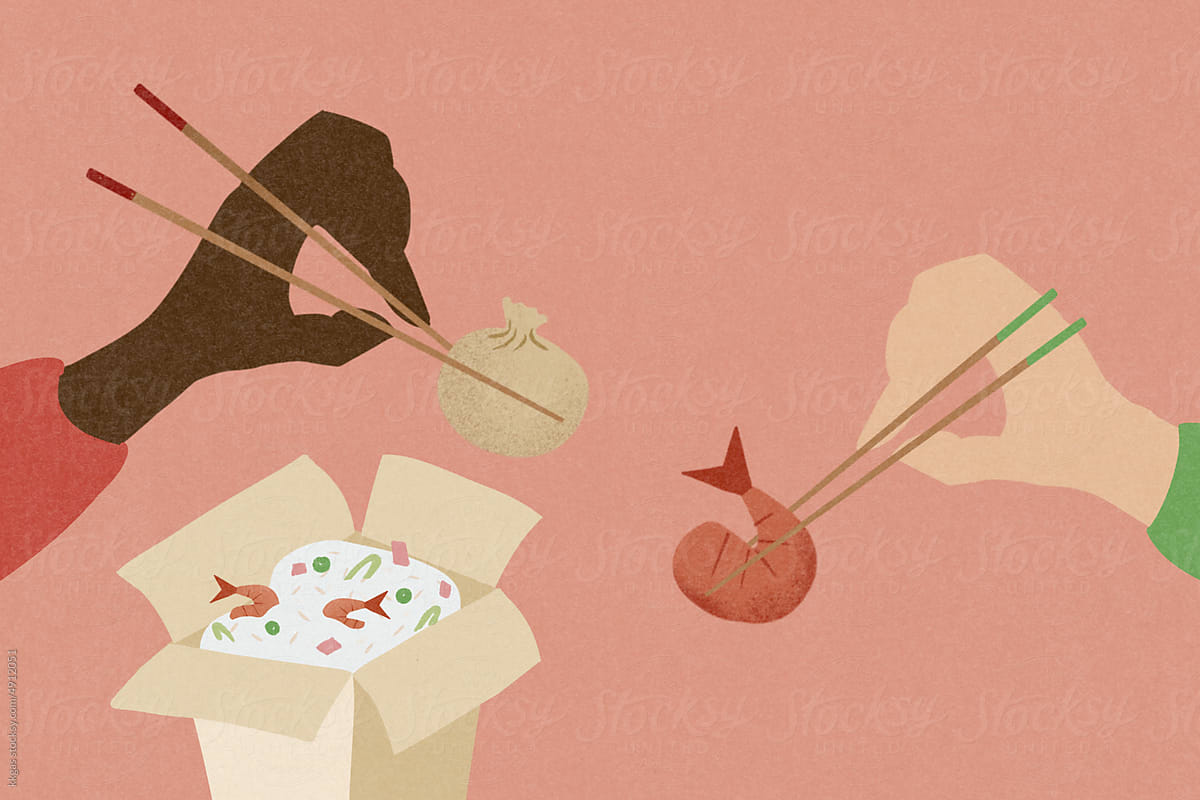 Chinese fried rice with hands and chopsticks illustration