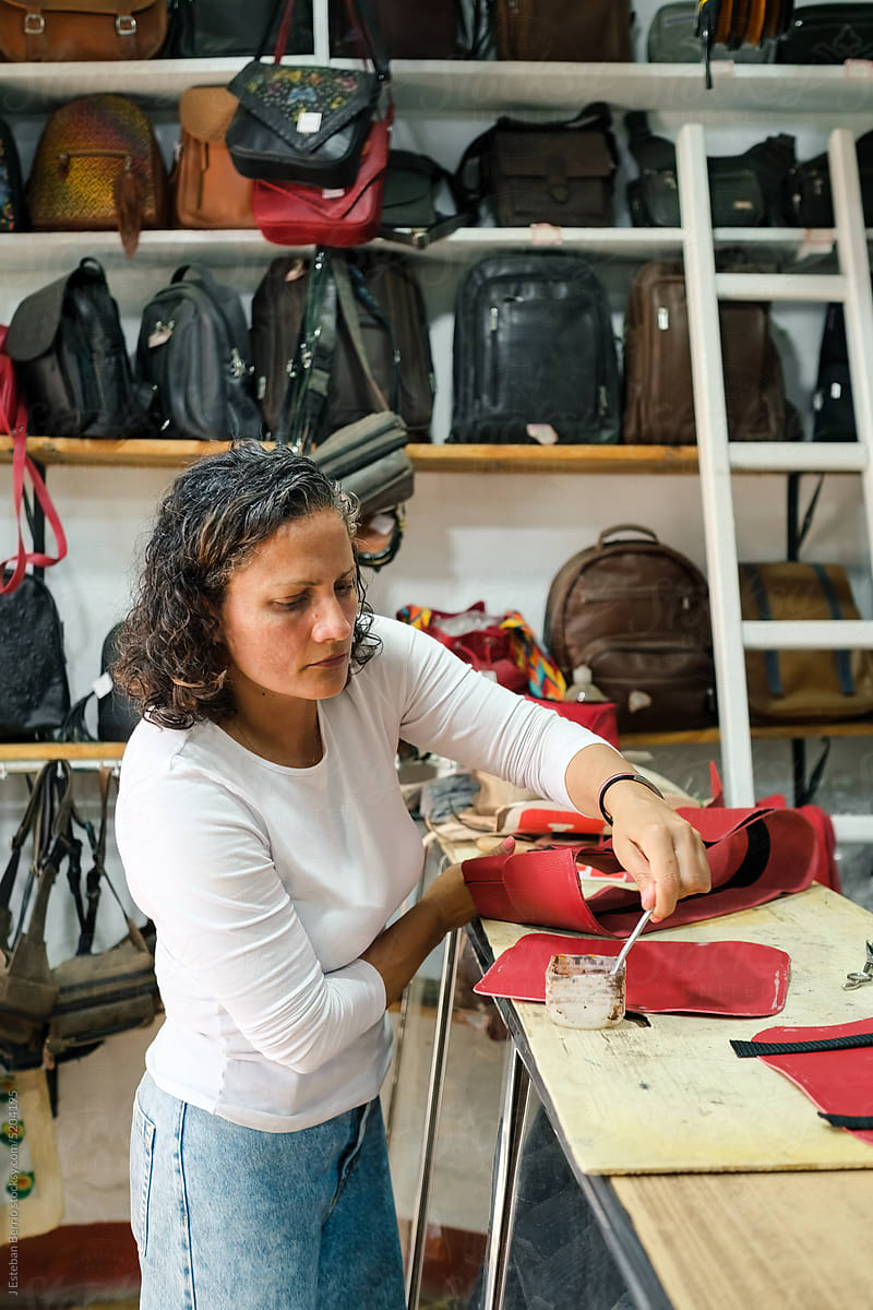 Leather craftswoman at work