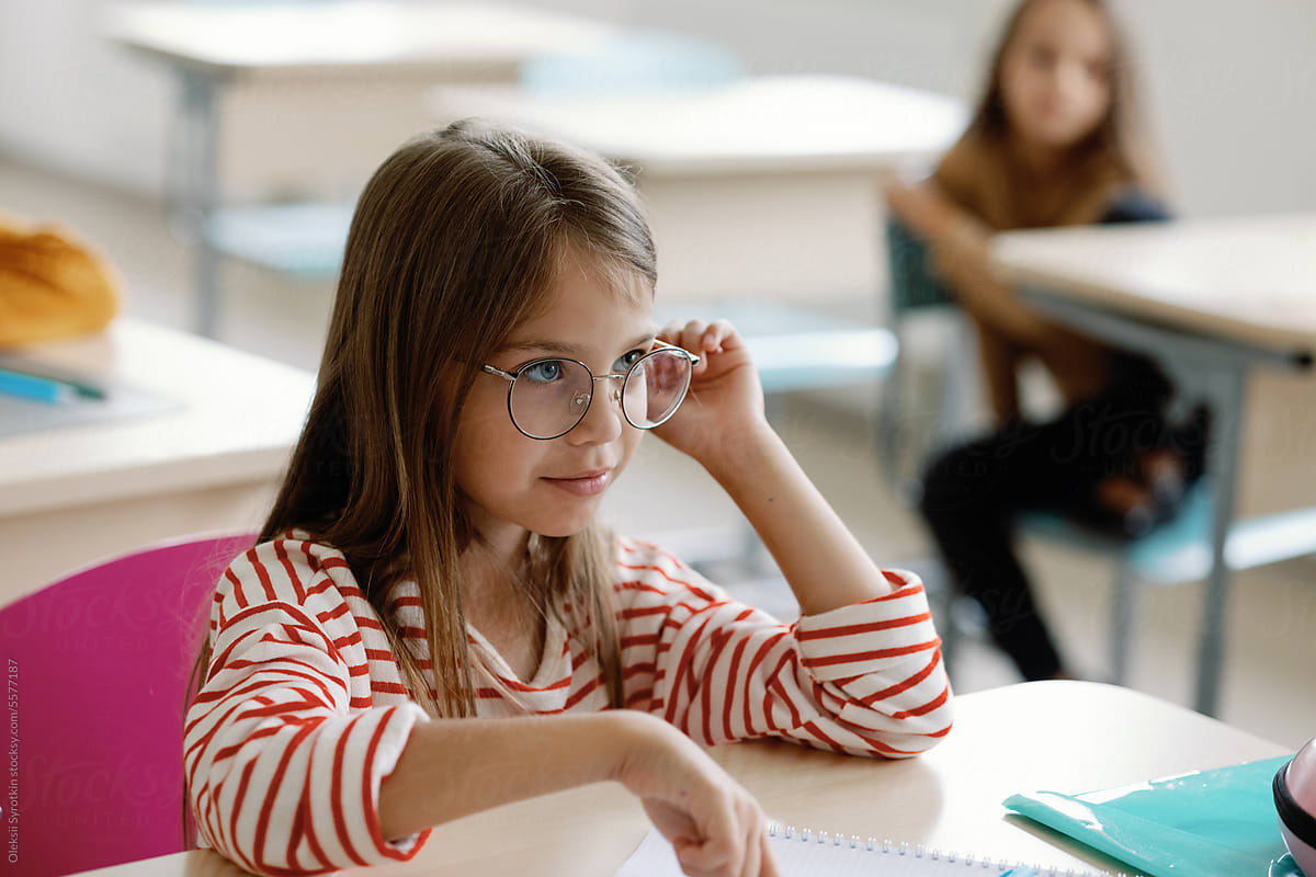 Schoolgirl scholar eyewear desktop interest intellectual disciple