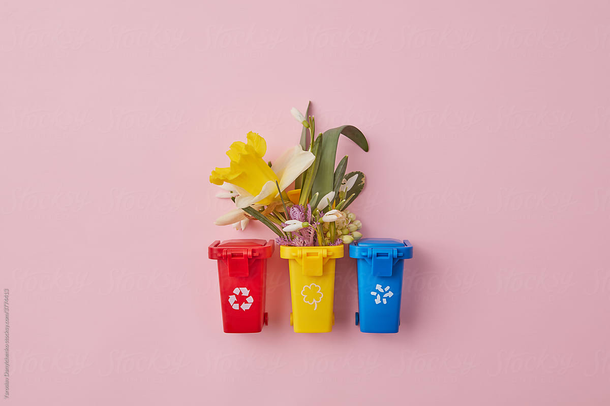 Flowers in trash cans