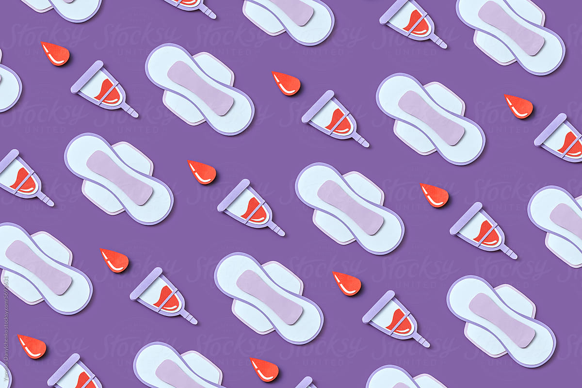Diagonal pattern of hygiene pads, blood drops and menstrual cups