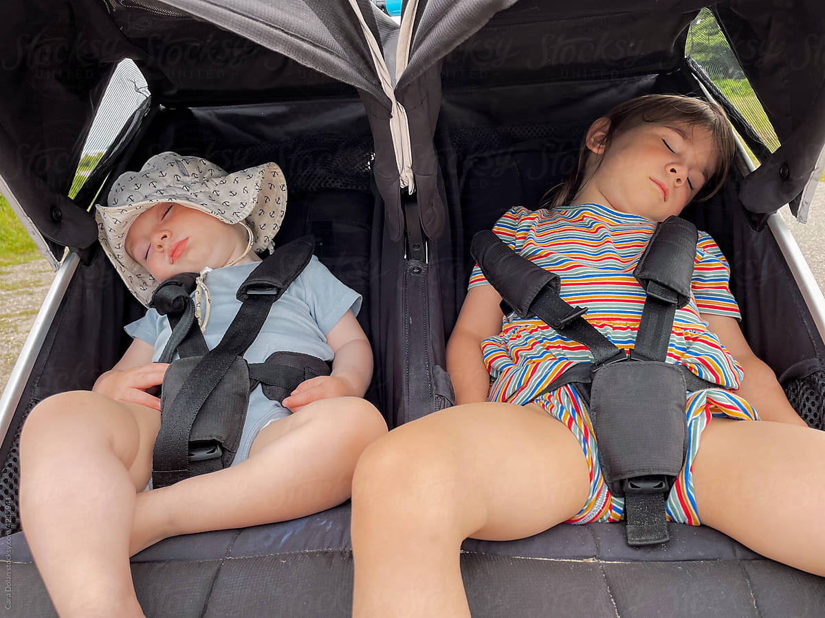 Toddlers Fast Asleep in Double Stroller