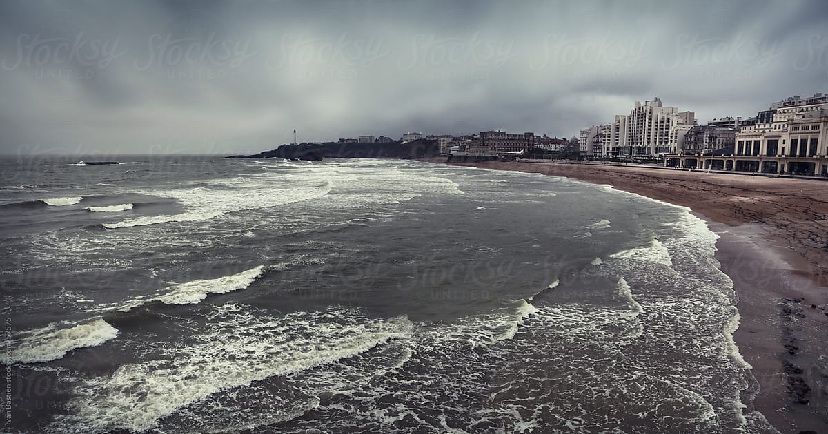 Biarritz beach on a cloudy day in Pays Basque, France