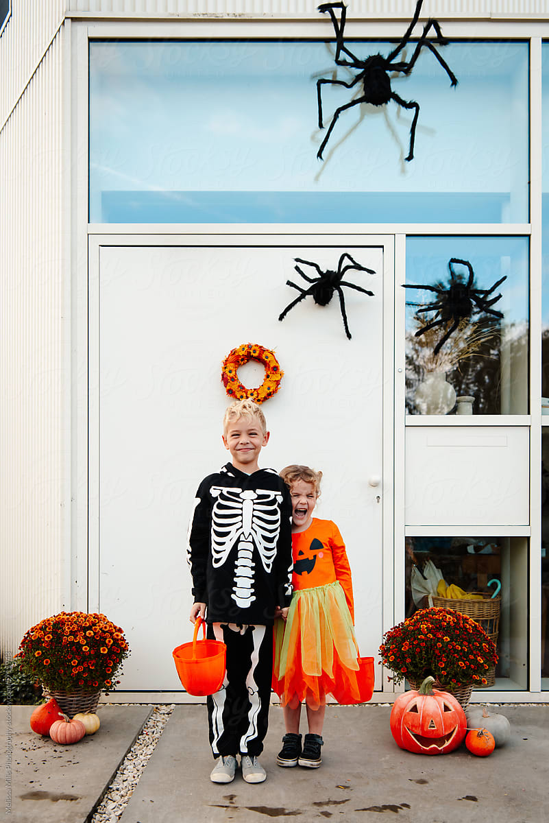 Halloween dressed up kids in front of door with halloween spiders