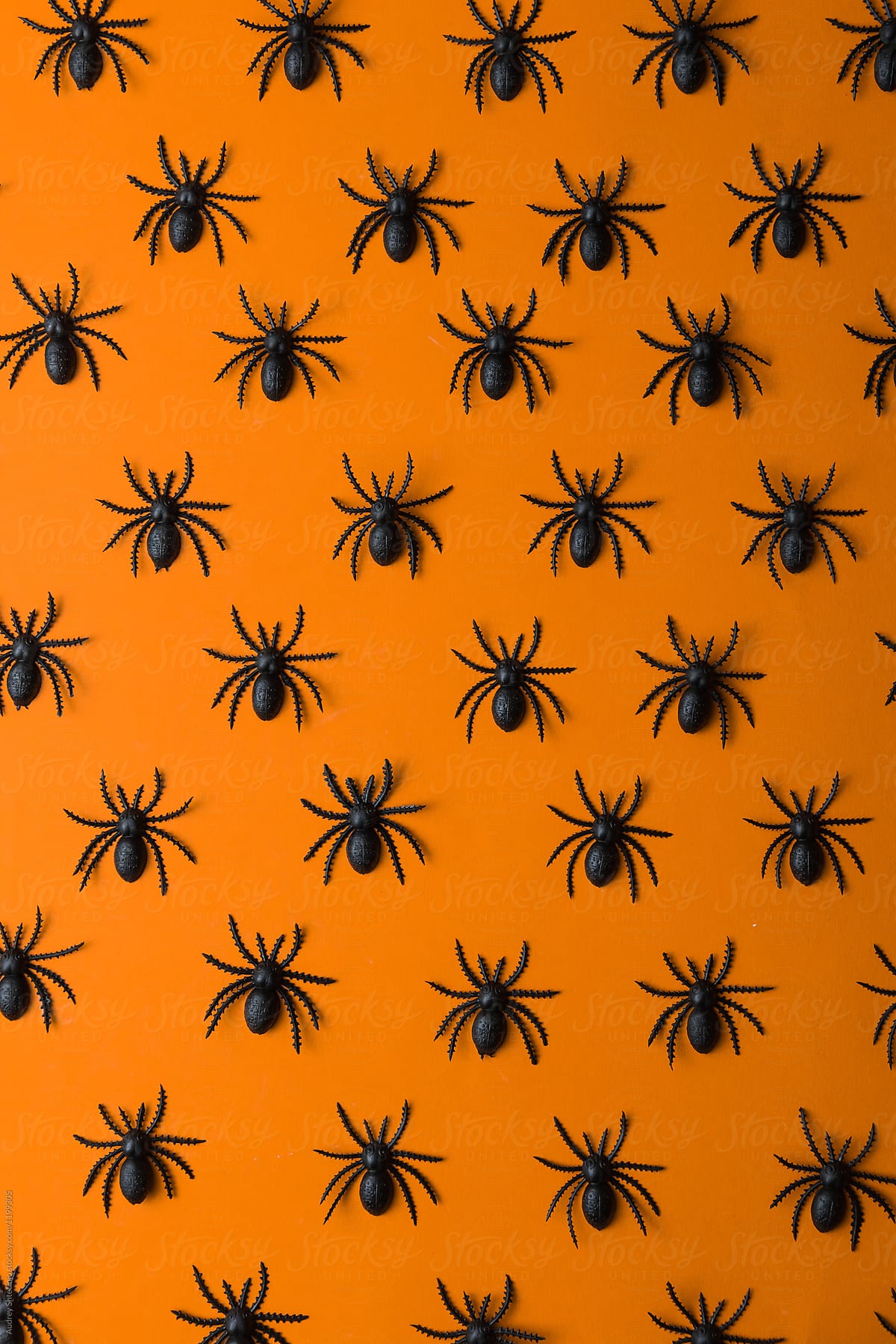 Small black spiders on orange background/miniature.