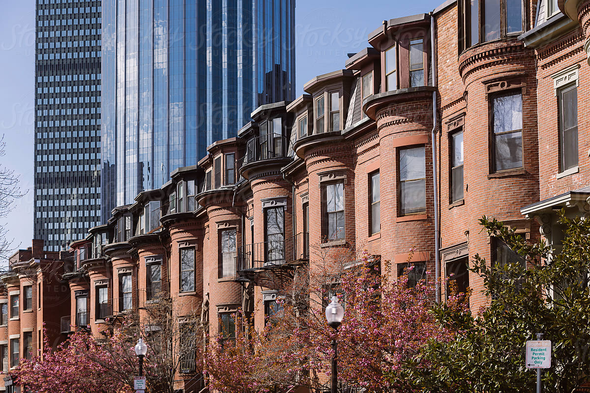 Boston Brownstones Architecture  with maganolia trees blooming in Spring