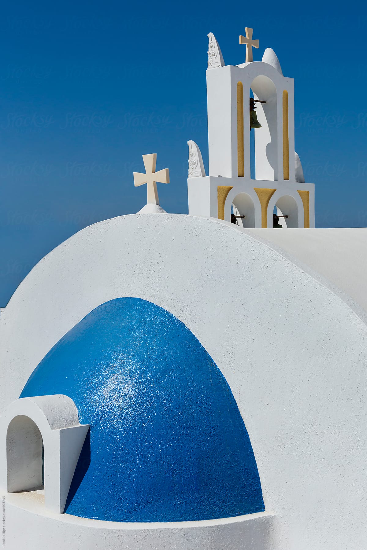 Detail of a vibrant church on the Greek island of Santorini