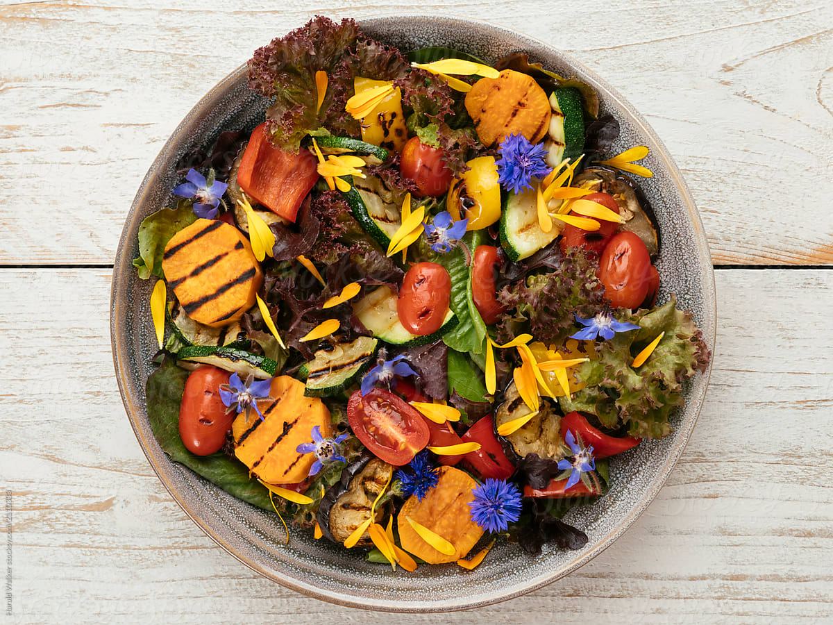 Mixed Green Salad with Grilled Vegetables and Edible Flowers