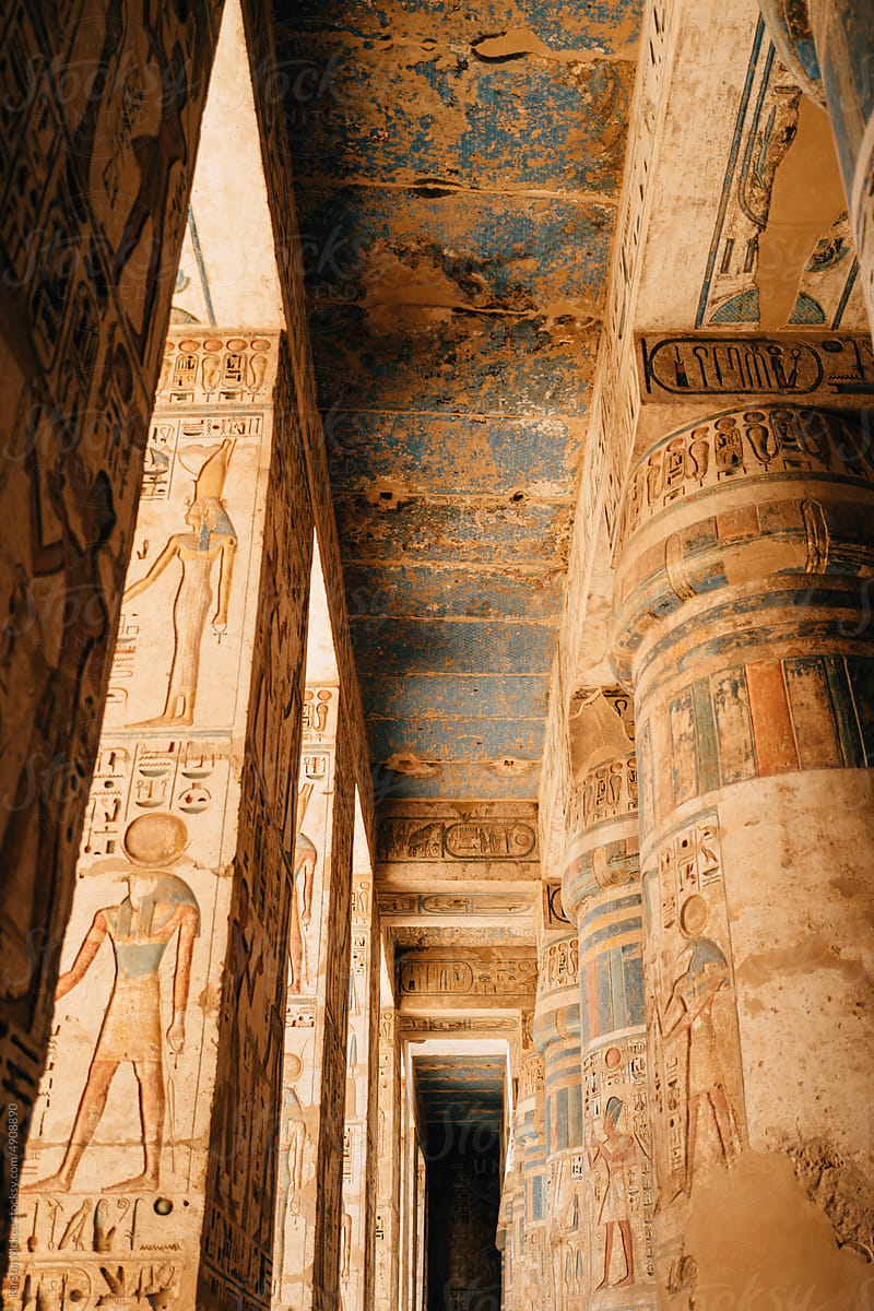 Interior of Medinet Habu with decorated columns