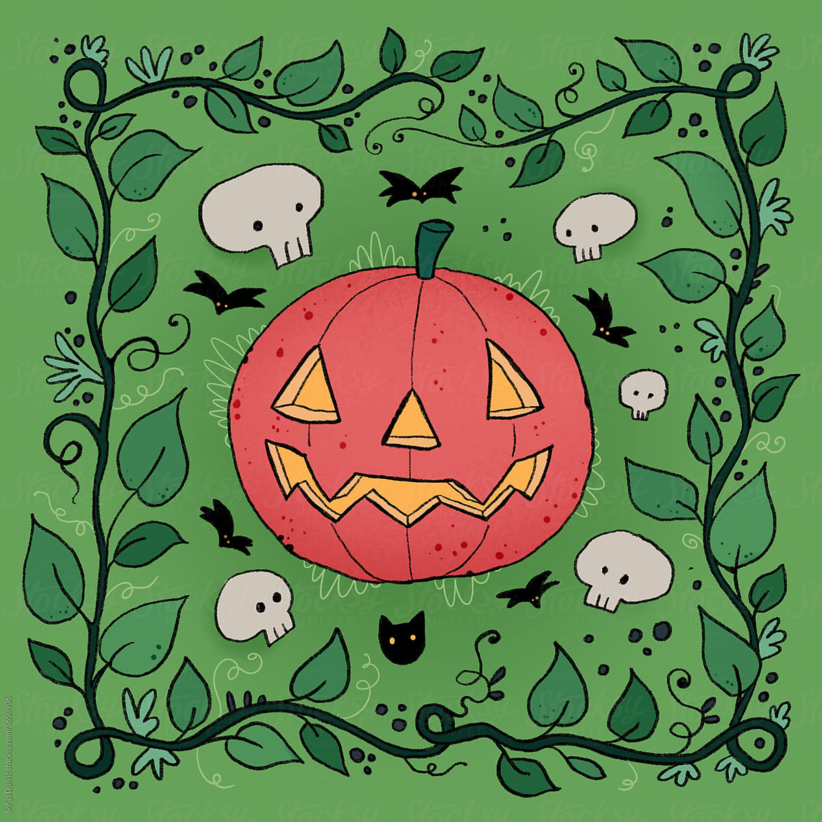 Halloween pumpkin surrounded with Halloween decoration