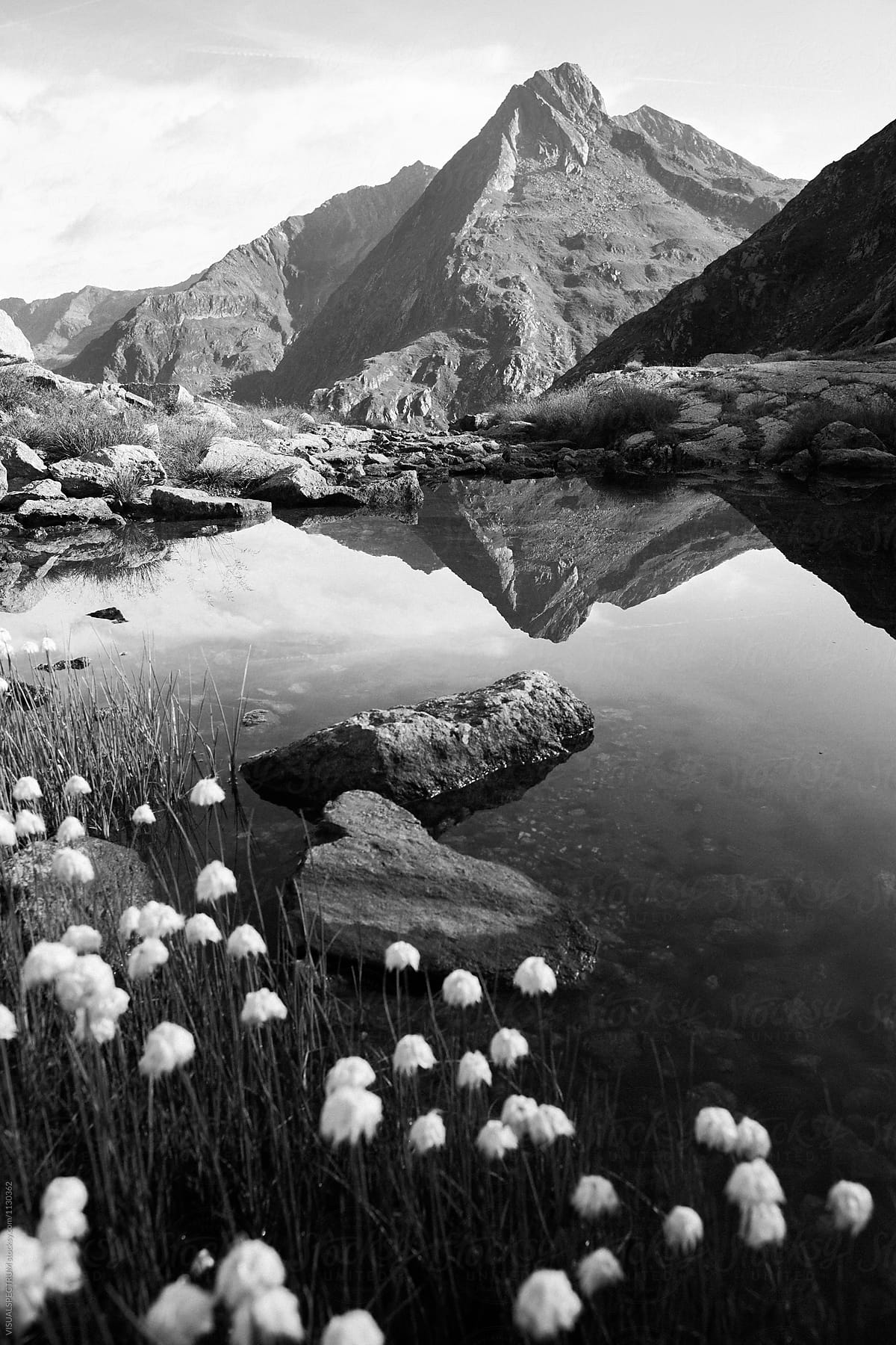 Black and White Shot of Swiss Alpine Mountain Peak and Its Reflection