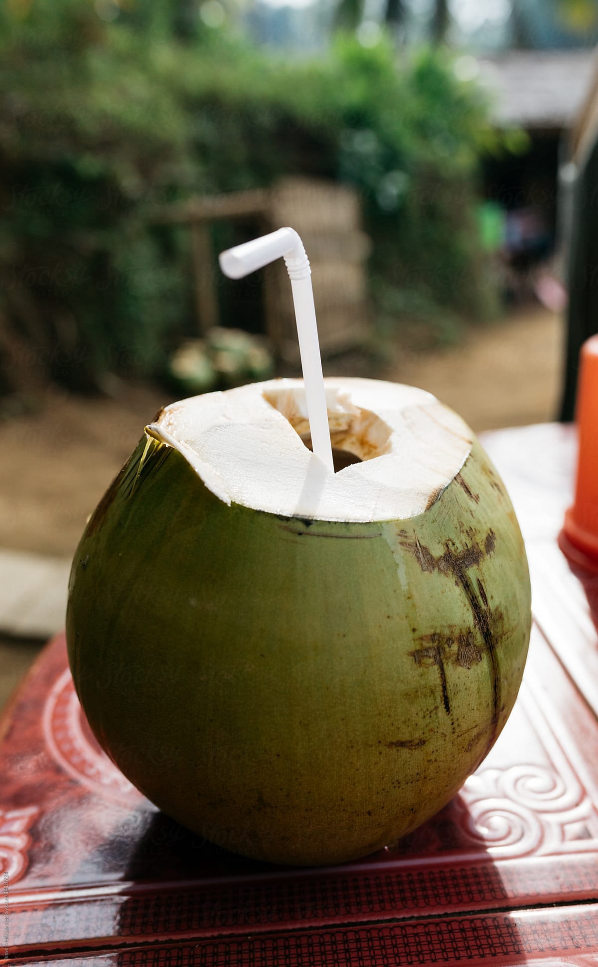 isolated coconut on table with straw sticking out of the top
