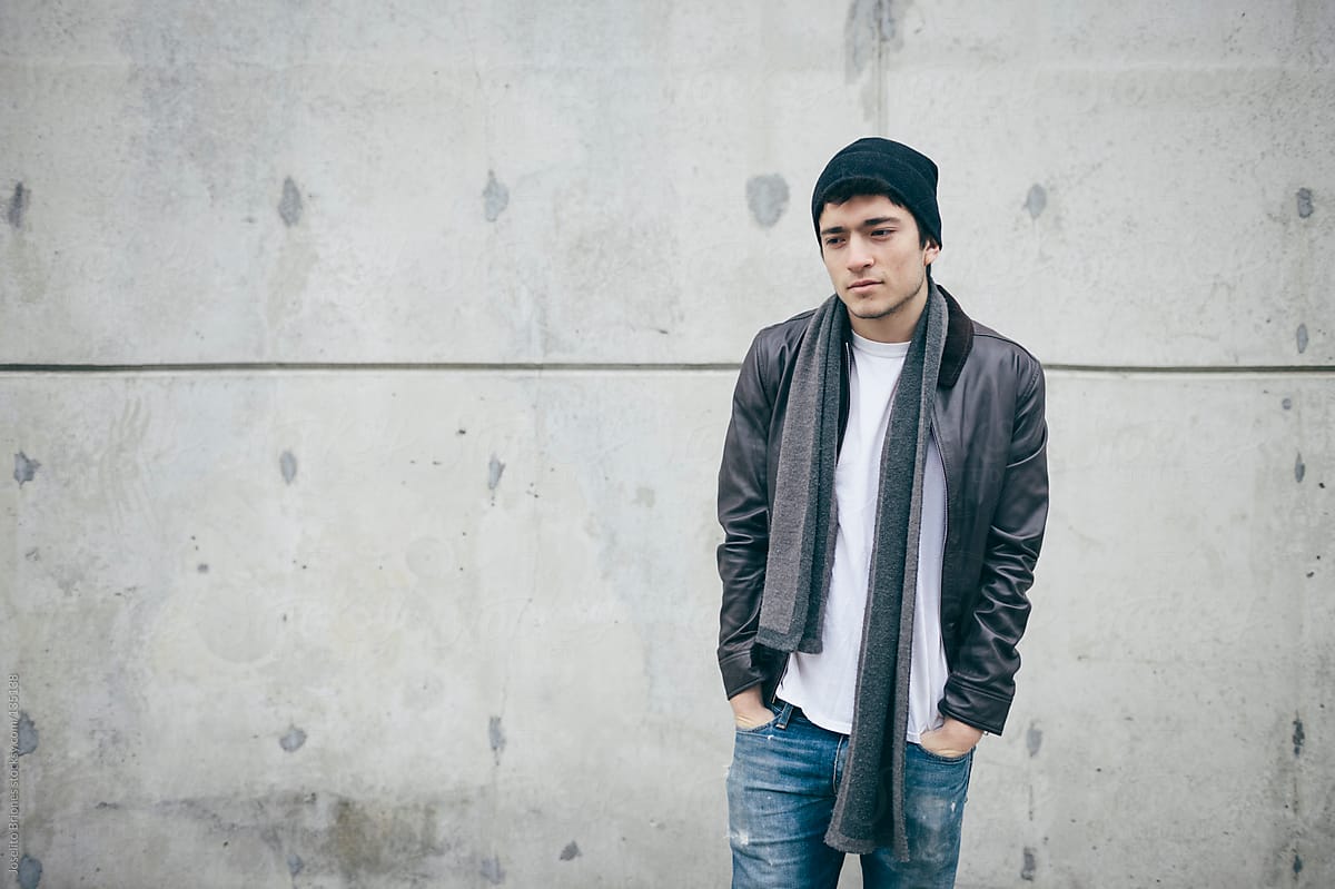 Portrait of Mexican-American Young Man in Leather Jacket and Jeans