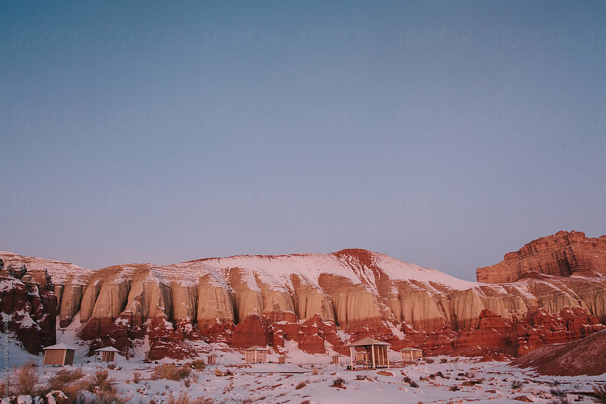 Snowy landscape in Utah with red rock formations