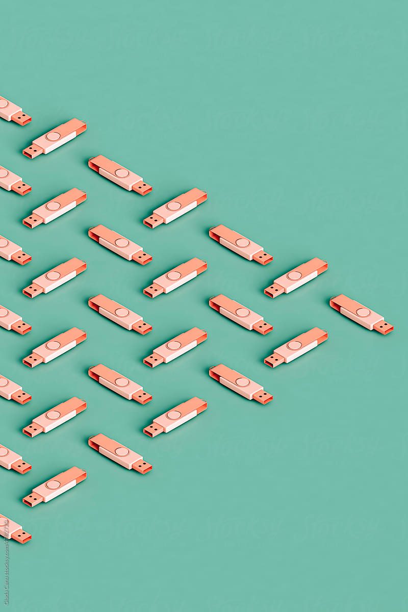 isometric view of many pink flashdrives